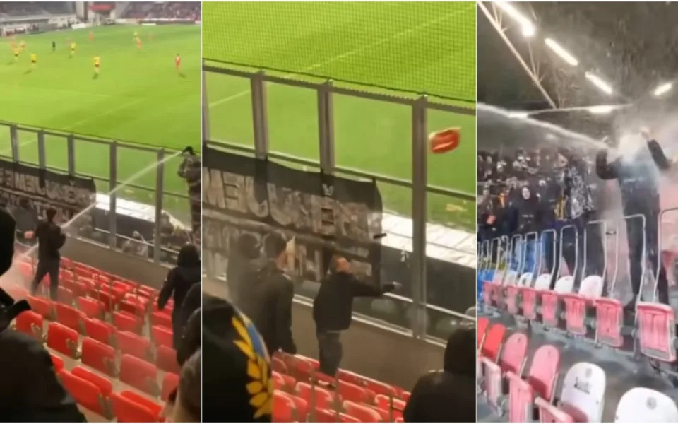 VIDEO: Sparťanští fanoušci bránili hasičům likvidovat hořící pyrotechniku, házeli po nich i kusy sedaček