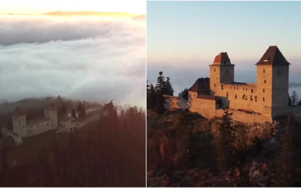 VIDEO: Inverzní počasí nabízí na Šumavě úchvatné scenérie, hrad Kašperk vypadal jako z pohádky