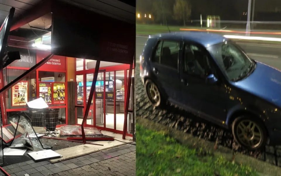 Po nezvládnutém driftování proletěl mladý motorista skleněným vestibulem prodejny, který zdemoloval