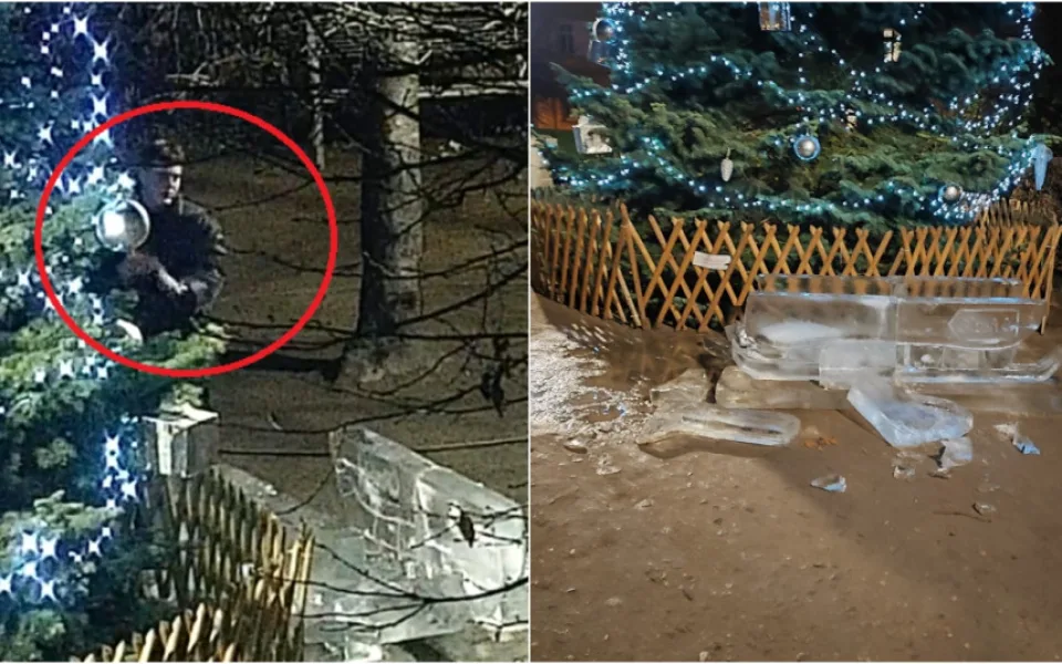 Vandal poničil ledovou sochu za desítky tisíc korun, policie hledá svědky i totožnost výtržníka