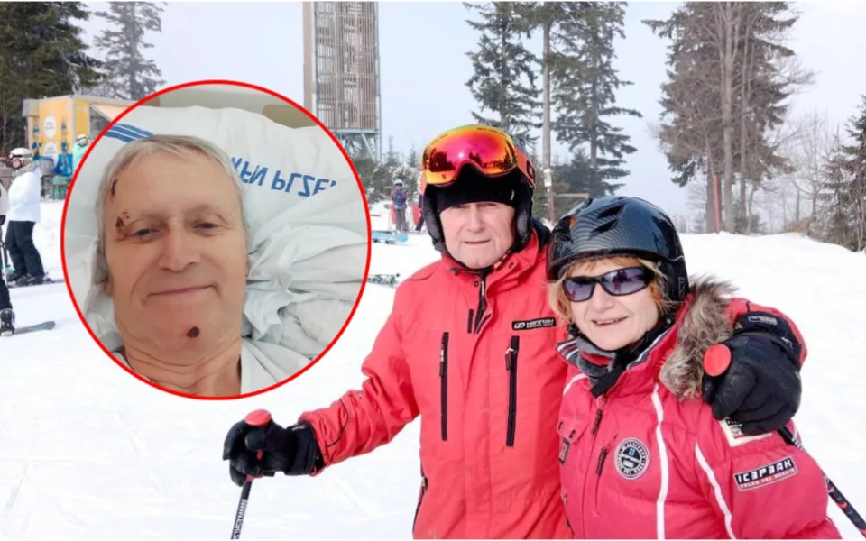 Antonín Srb s přítelkyní na šumavském Špičáku krátce před nehodou. Další snímek s krvavými šrámy v obličeji je už z jeho pobytu v nemocnici.