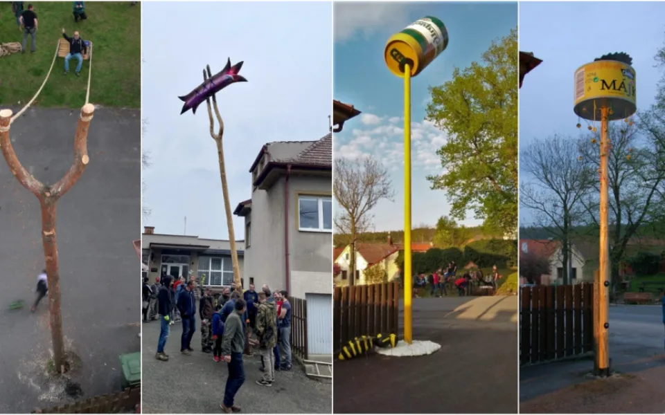 FOTO: Nadšenci staví každý rok veselé májky, před hospodou v minulosti vztyčili obří prak i ikonickou paštiku