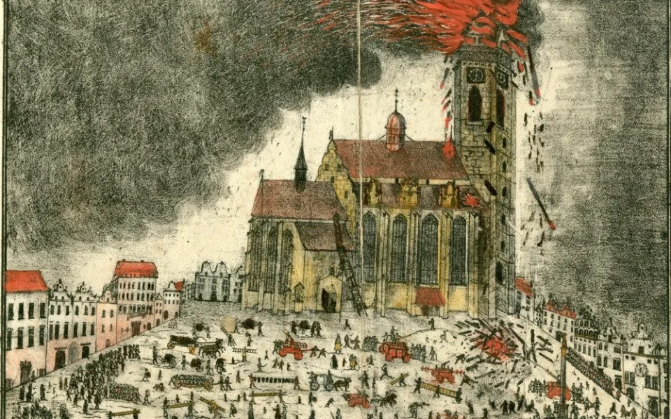 Další ničivý požár postihl Plzeň v roce1835, kdy blesk zapálil věz kostela sv. Bartoloměje, zdroj: Archiv města Plzně