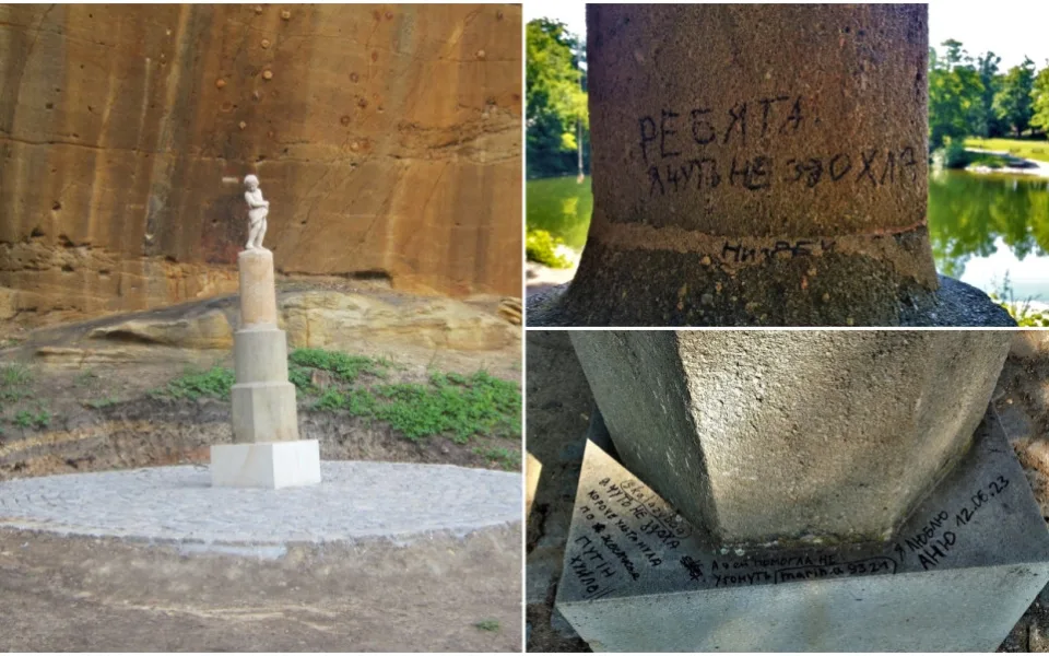 Sochu populárního andělíčka popsal neznámý vandal nápisy v azbuce