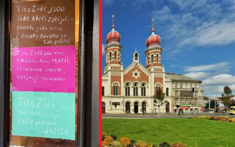 Prodejna kebabu, kde se objevil plakát s protižidovskými texty se nachází jen pár metrů od vstupu do Velké synagogy v Plzni