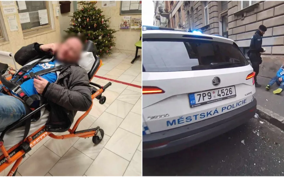 Opilému muži tekla po pádu krev i z ucha, další seděl na chodníku s třemi promile a krvácel