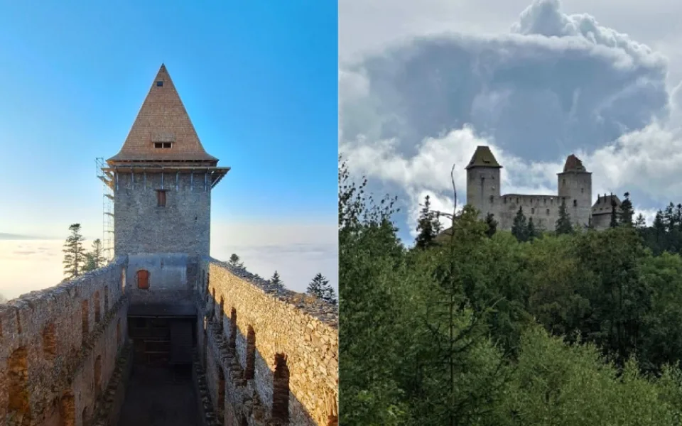 Západní věž s již novou střechou a pohled na hrad Kašperk ještě před opravou
