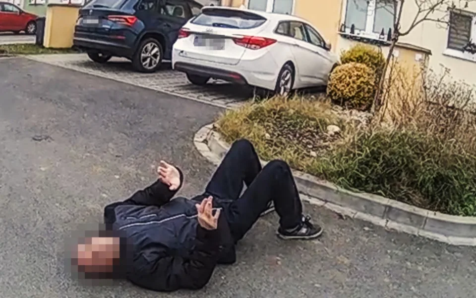 Z muže ležícího v dešti a v zimě na chodníku se vyklubal velký humorista a vtipálek. Akci ukončil na záchytce