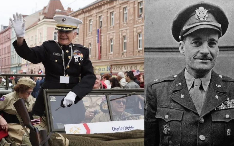 Na snímku vlevo Charles H. Noble mladší, během Slavností svobody v Plzni. Vpravo je jeho otec Charles H. Noble, který osvobodil Plzeň