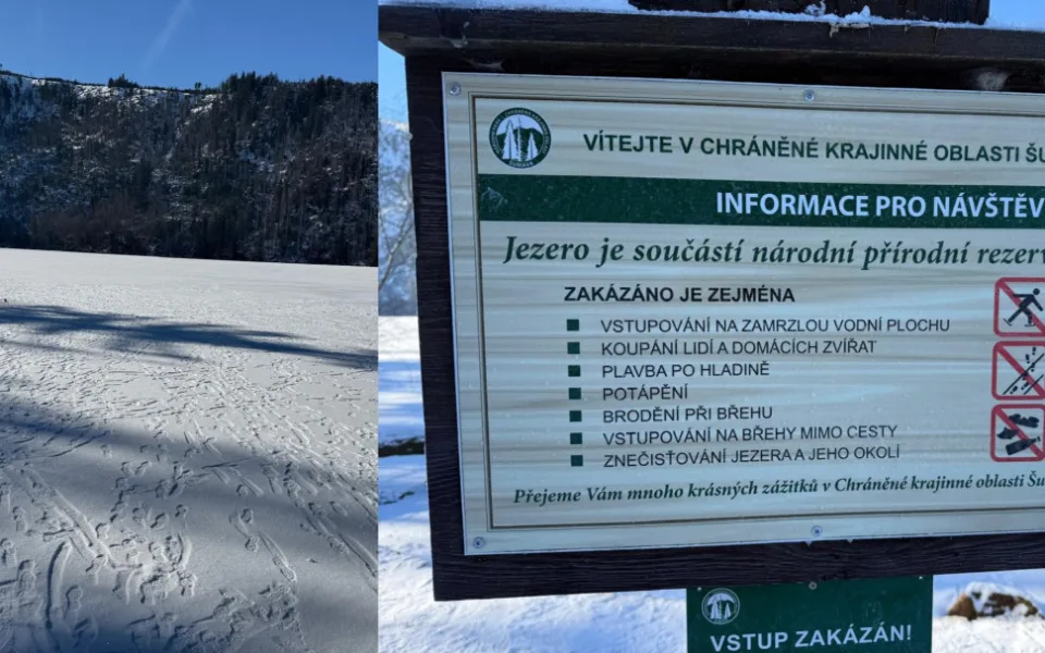 Návštěvníci Šumavy masivně vstupují na plochu zamrzlých jezer. Porušují tak zákon a riskují tučnou pokutu