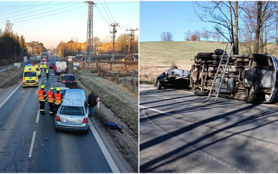 Řidič přejel do protisměru a střetl se s pěti auty, další se převrátil s vozíkem, když se vyhýbal zvěři