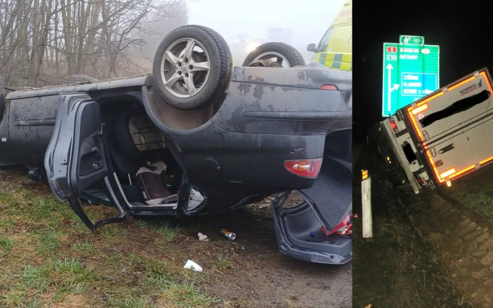 Po střetu osobáku se srnkou se zranil řidič a čtyři děti. Na dálnici se v důsledku mikrospánku šoféra převrátil kamion