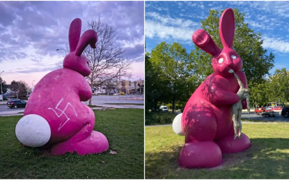 Vandal načmáral na kontroverzní sochu růžového králíka svastiku, nestalo se to zdaleka poprvé