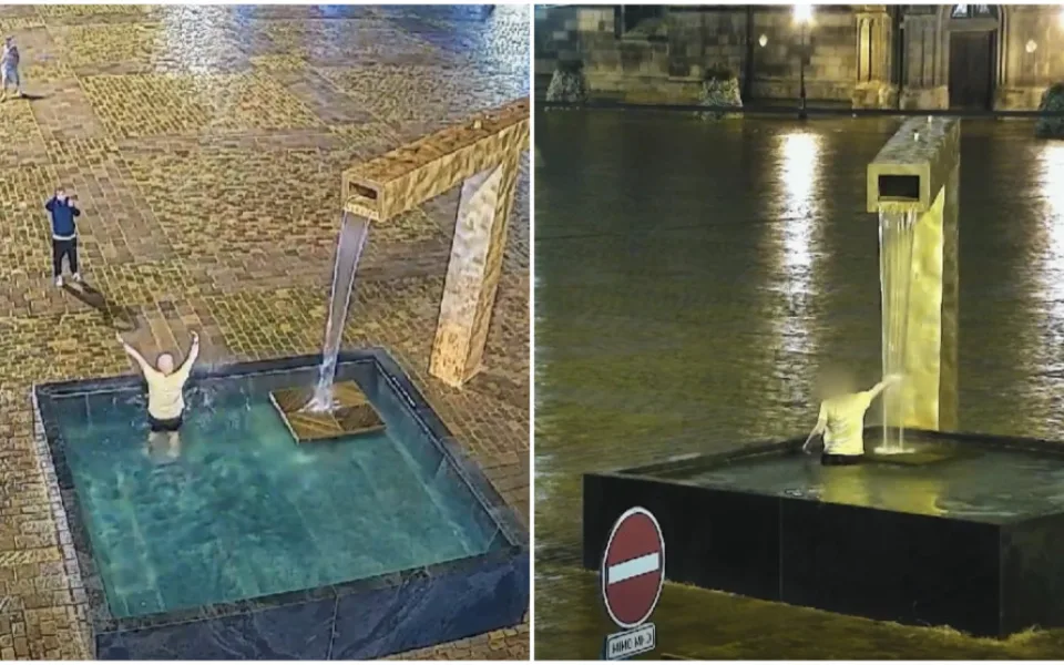 Vyhlášená kašna opět zlákala vtipálka ke koupeli, natáčel ho kamarád i městské kamery