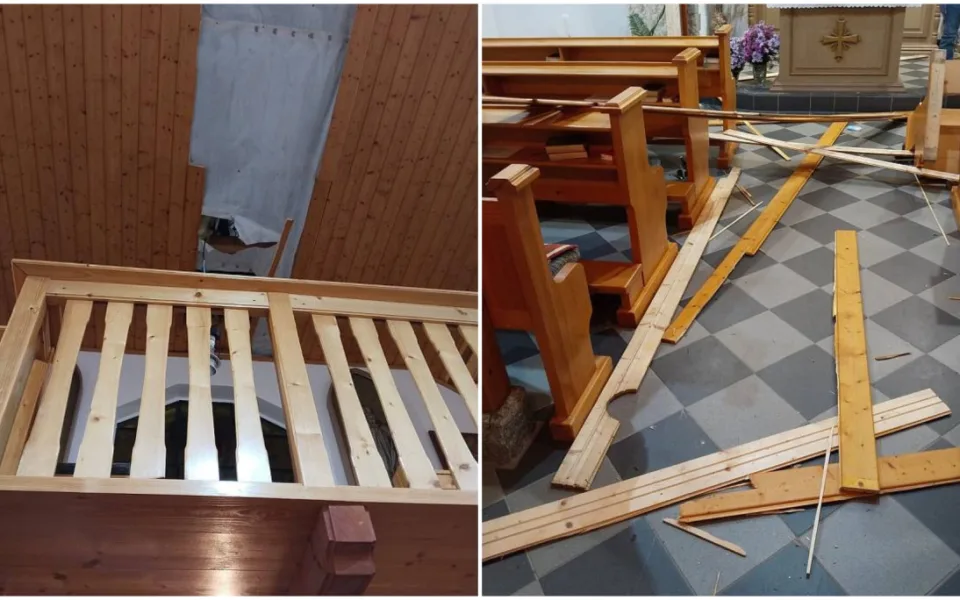 Zfetovaný muž se propadl střechou do kostela, předtím házel po lidech tašky