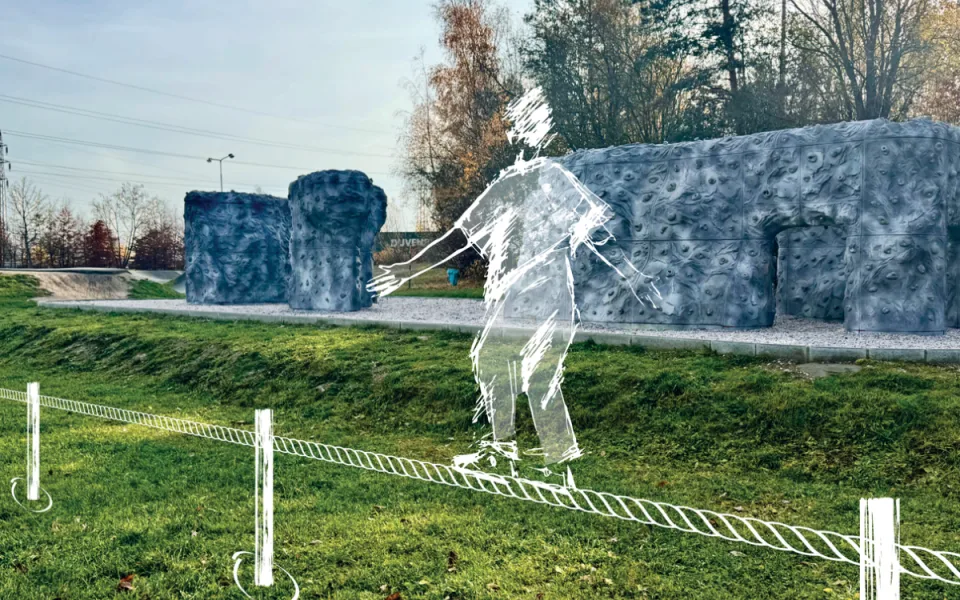 Slackline poblíž pumptracku na Plaské v Bolevci.