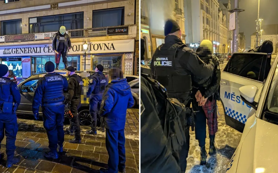 Policejní zákrok proti zakuklenému muži s pálkou