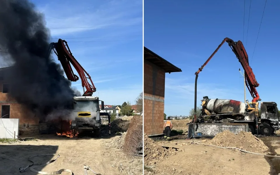 Domíchávač betonu při práci zachvátil požár, škoda přesáhla pět milionů