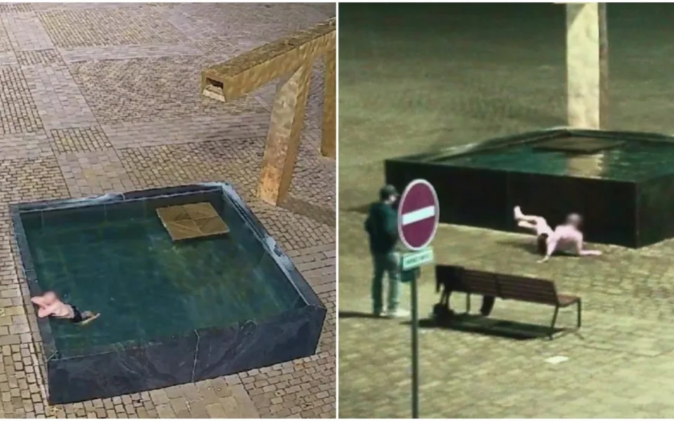 VIDEO: Pod rouškou tmy vlezl do kašny, při vylézání se pod ní rozplácl