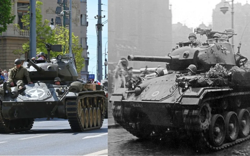 Tank M24 Chaffee českého sběratele na Slavnostech svobody. Vpravo M24 Chaffee, který jako první tank přijel do Plzně. Na snímku na náměstí Republiky