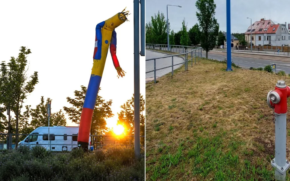 Reklamní nafukovací panák byl ukraden z tohoto místa (foto vpravo). Neviděl ho někdo někde?