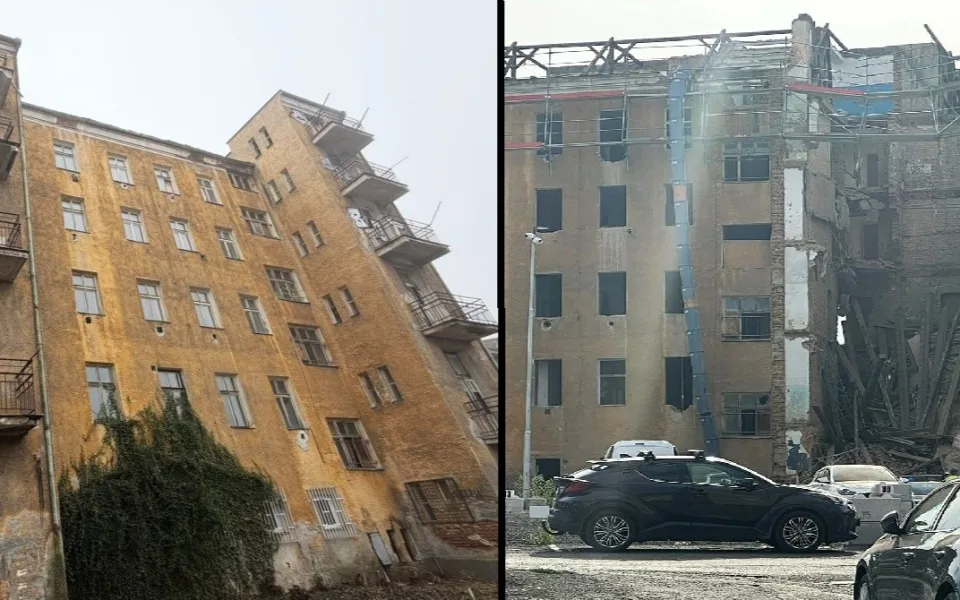 Vlevo dům v Resslově ulici na začátku rekonstrukce, vpravo po zřícení části zdiva