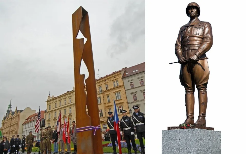 Památník generála Pattona v Plzni před Divadlem J.K. Tyla a socha generála od Jaroslava Bockera, která stojí v obci Dýšina