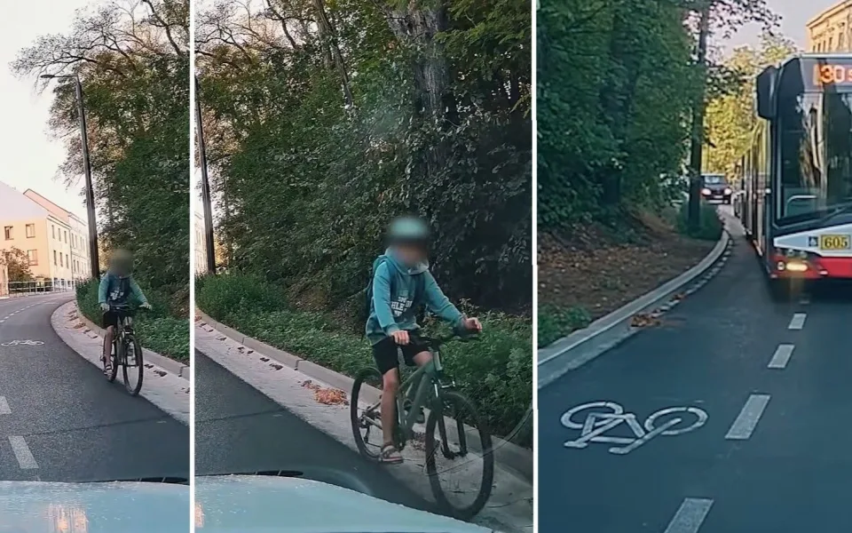 Video zachytilo chlapce na kole, jak sjíždí speciálním cyklopruhem v protisměru